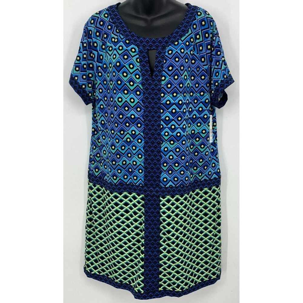 Laundry by Design Dress Size XL Extra Large Blue Yellow Geo Keyhole Women New